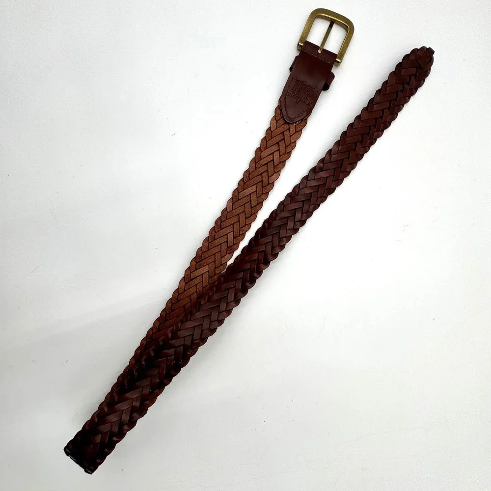 Woven Braided Leather Belt Mens Size M Brown Brass-Tone Buckle Casual Dress